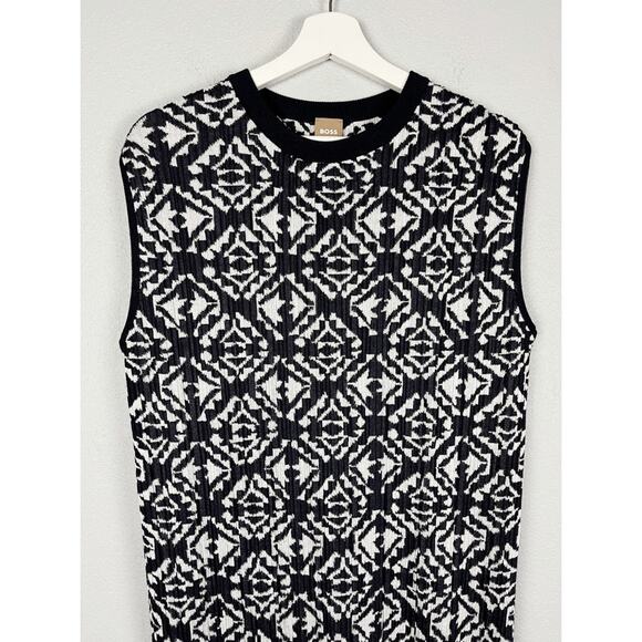 Hugo Boss Feyre's Geo Pattern Ribbed Sheath Dress in Midnight Fantasy - Picture 14 of 16